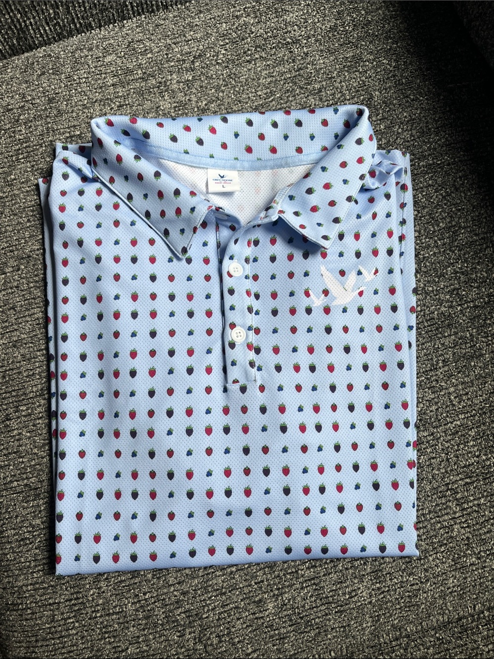 NWOT Light Blue Golf shirt Berry Rouge Print